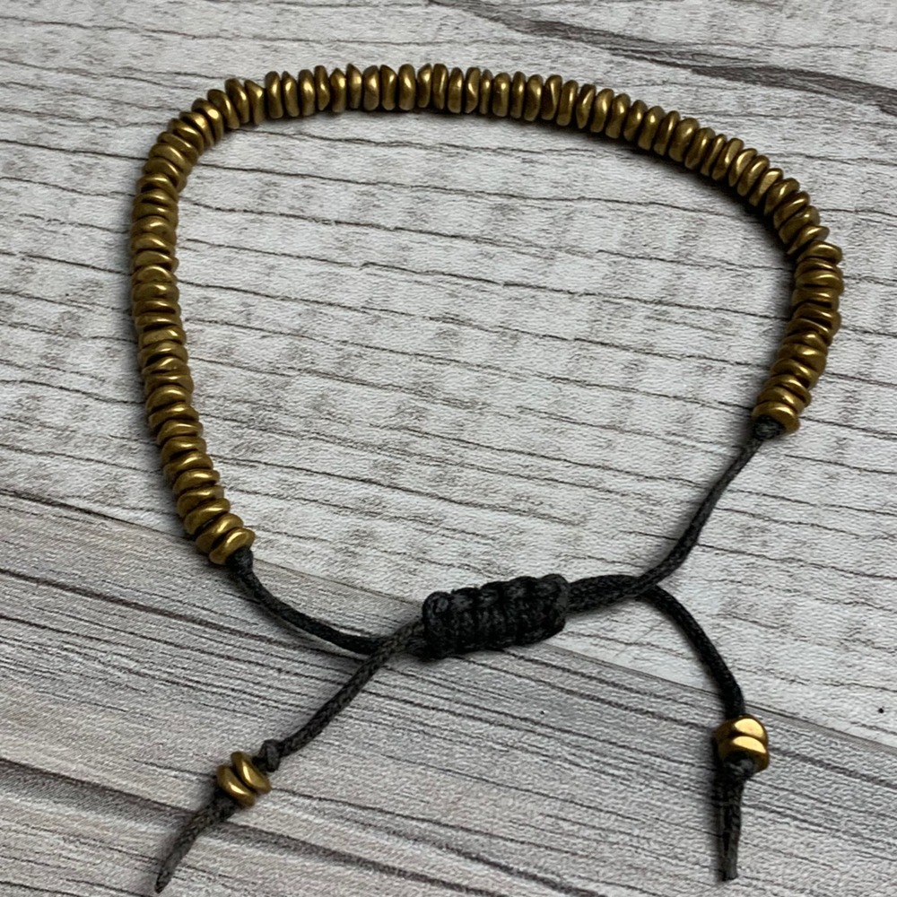 Gold Tone Disc Bead Adjustable Drawstring Bracelet Grey Cord Minimalist 5021